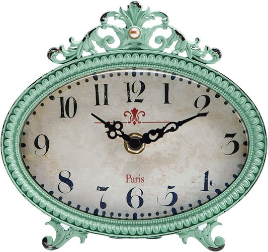 NIKKY HOME Vintage Table Clock, French Turquoise Color Rococo Style Desk Clock Battery Operated Rustic Design, Home Décor for Living Room, Bedroom, Bedside, Desk, Gift Clock