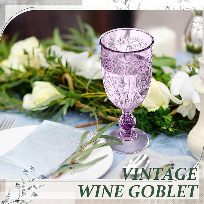 24 Pcs Plastic Goblets 7.5oz Vintage Goblet Plastic Wine Glasses Colored Retro Embossed Water Goblets for Wine Bar Juice Baby Shower Wedding Reception Grand Event Party (Purple)