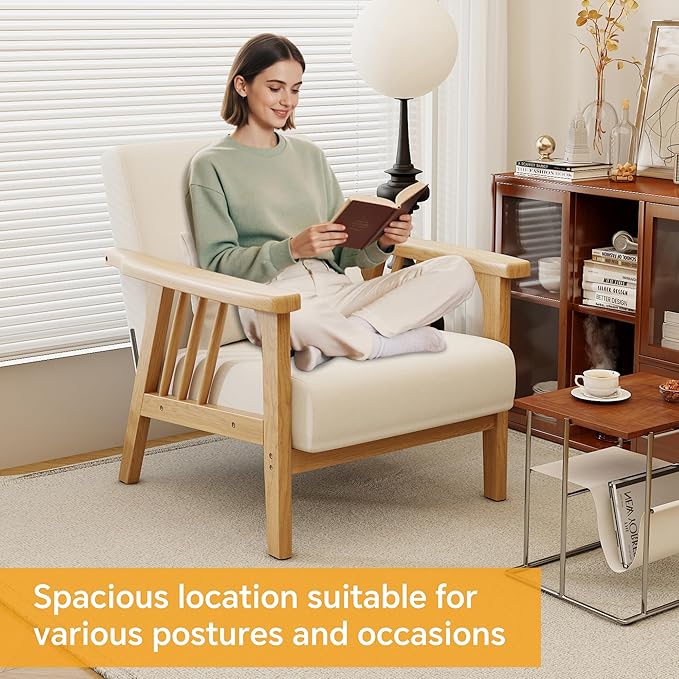 Solid Wood Accent Chair Mid-Century Modern Lounge Armchairs, Fabric Upholstered Soft Comfy Living Room Chairs with Armrest Waist Cushion Pillow for Office Reading Waiting Room (Natural)