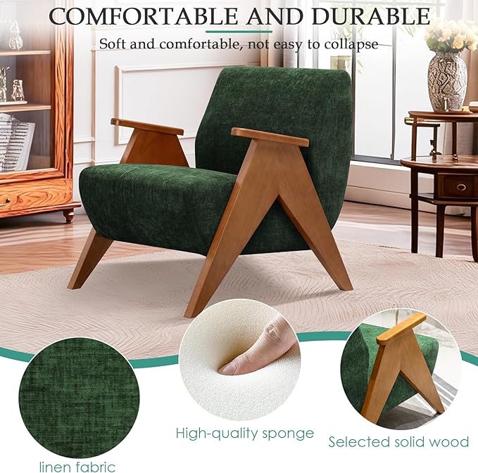 Home Accent Chair Mid Century Modern Accent Chair with Wood Frame, Lounge Upholstered Armchair, Reading Chair, Sturdy Base,For Living Room, Bedroom,Office,Comfy Guest Waiting Room Chairs,Green