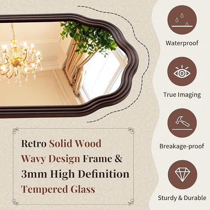 Tanmicoshomy Wood Arch Bathroom Mirror 24x36 Inch, Rustic Wavy Natural Wooden Framed Mirrors with Shatterproof Glass for Living Room, Bedroom or Entryway (Dark Brown)