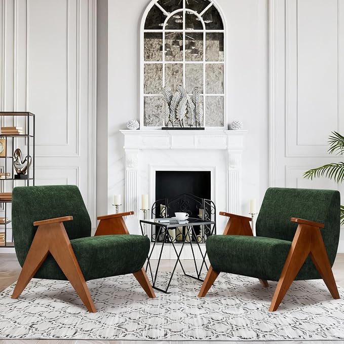 2 Pcs Home Accent Chair Mid Century Modern Accent Chair with Wood Frame, Lounge Upholstered Armchair, Reading Chair, Sturdy Base,For Living Room, Bedroom,Office,Comfy Guest Waiting Room Chairs,Green