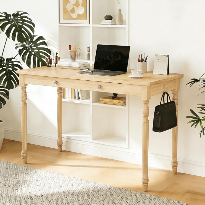 100% Solid Wooden Desk with Drawers - 47.2” Mid Century Modern Desk with 2 Hooks, Writing Desk with Drawers, Simple Work Study Table for Bedroom & Home Office - Natural Boho Desks