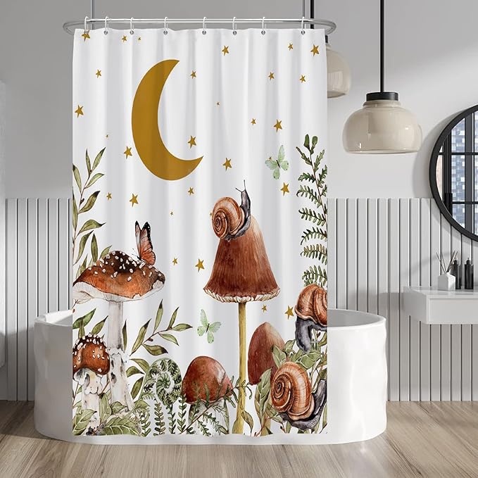 Baocicco Mushroom Shower Curtain Cute Retro Mushrooms Butterfly Snails Botanical Moon Stars Shower Curtains Decorative for Bathroom Waterproof Fabric Shower Curtain with Hooks 48x72 Inches