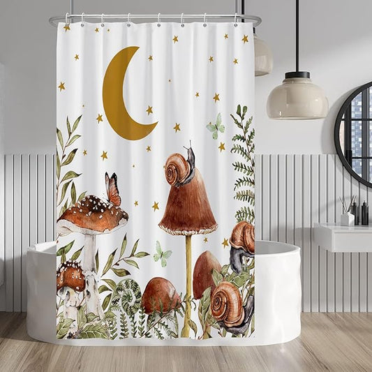 Baocicco Mushroom Shower Curtain Cute Retro Mushrooms Butterfly Snails Botanical Moon Stars Shower Curtains Decorative for Bathroom Waterproof Fabric Shower Curtain with Hooks 48x72 Inches