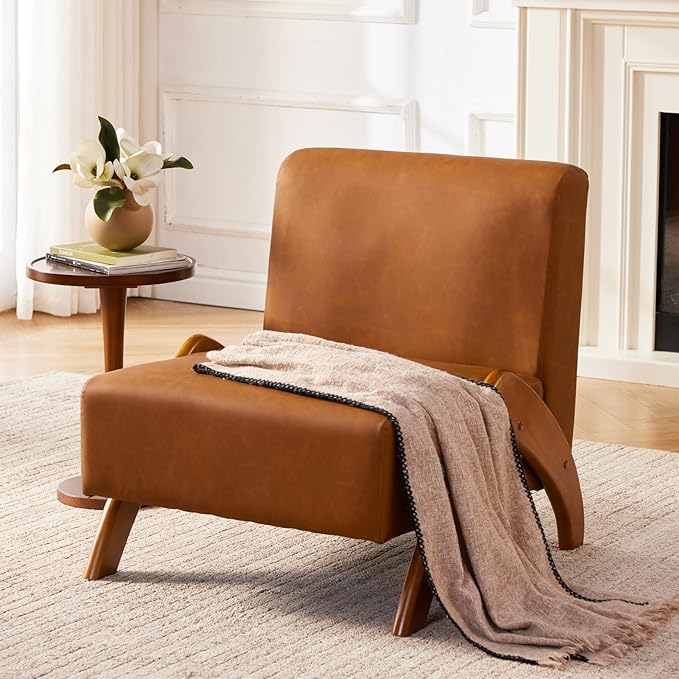 Oversized Accent Chair, upholstered armless mid Century Modern Living Room Chair with Wooden Legs for Bedroom/Office/Cafe, Faux Leather Cognac Brown