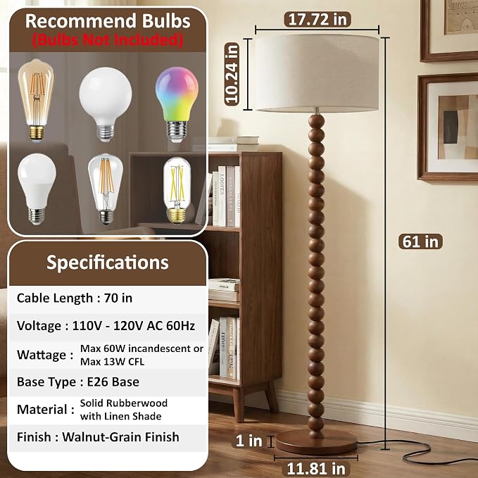 Buruis 61" Beaded Wood Floor Lamp with 17.2" Large Linen Shade, Retro Mid-Century Accent Walnut Finish Standing Lamp for Living Room, Bedroom, Office, Corner, UL Listed, Bulb Not Included, Cream