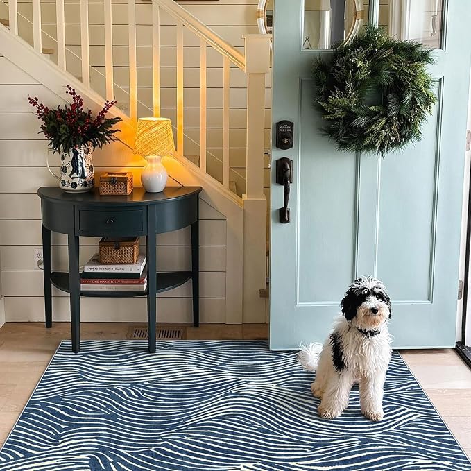3x5 Modern Entry Rug - Small Washable Indoor Outdoor Mats for Front Door Non-Slip Porch Rug Blue White Ocean Wave Striped Throw Rugs for Living Room Bedroom Entryway Kitchen Office Porch Decor