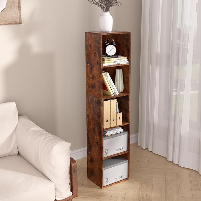 5-Tier Wooden Cube Storage Organizer, 52 Inch Tall Bookcase & Display Shelf with 5 Open Cubes, Freestanding DIY Closet Shelving Unit for Living Room Office(Retro Brown, 5 Cube-W(11.8inch)