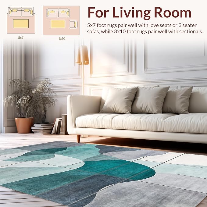 Flatwoven High Traffic Area Rug 6x9, Contemporary Abstract Theme Featuring Fluid Motifs, Non Slip, Stain Resistant, Washable Area Rugs for Living Room, Bedroom (Gray, 6x9)
