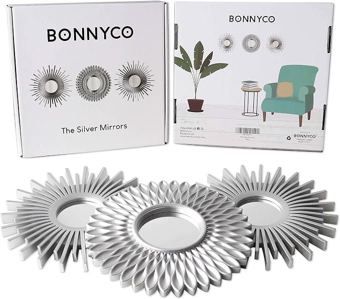 BONNYCO Wall Mirrors Pack of 3 Round Silver Mirrors for Home Decor, Bedroom and Room. Espejos Decorativos de Pared Sala Dormitorio, Circle Wall Decor Minimalist Vintage, Chic. Gifts for Women Mums