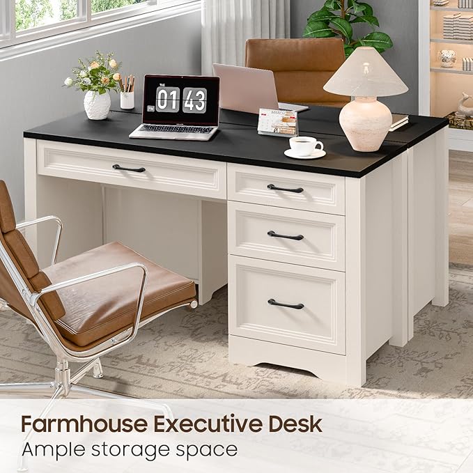 Vabches Farmhouse Executive Desk with Storage and Ample File Drawer, Rustic Large Home Writing Desk for Bedroom, Black