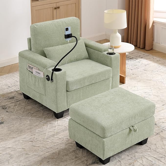 Oversized Chaise Lounge Chair Indoor, Single Convertible Recliner Reading Arm Sofa Chair W/Adjustable Backrest & Charging Port Couch Bed for Living Room, Home Theater & Bedroom, Cyan