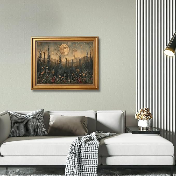 Vintage Nature Forest Wall Art Canvas Print Dark Moon Landscape Painting Woodland Wildflowers Picture Artwork Natural Scenery for Farmhouse Bedroom Living Room Wall Decor 24x36inch Golden frame