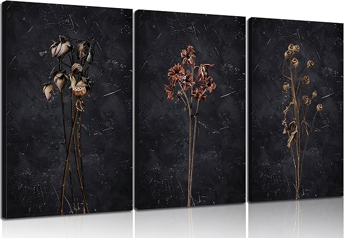 3Pcs Dark Floral Canvas wall art Moody Dried Wildflower Posters Pictures Nature Wilderness Botanical Paintings Abstract Prints for Living Room Bedroom Office Modern Farmhouse Wall Decor Framed