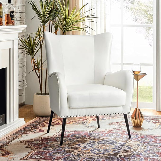 HULALA HOME Faux Leather Accent Chair with Removable Cushion, Comfy Upholstered Armchair with Black Metal Legs & Nailhead Trim Wingback Vanity Chair for Reading Living Room Bedroom, Ivory