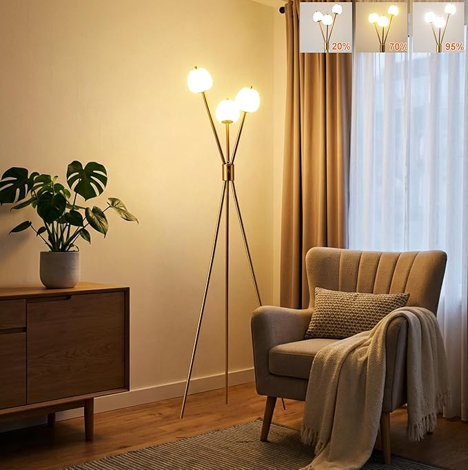 Fiqevs Dimmable Tripod Floor Lamp for Living Room, 3 Globe Modern Gold Floor Lamp with Elegant Frosted Sphere Glass Shade and LED Bulbs, Standing Tall Lamp for Bedroom, Office - Antique Brass