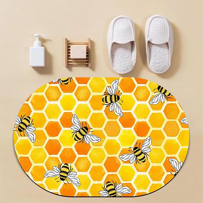 Diatomaceous Mud Bath Mat Yellow Honeycomb and Bees Oval Soft Wrinkle Free Bathroom Floor Rugs Non-Slip Super Absorbent Fast Drying Bath Rug for Bathroom Kitchen Door Mat 23.6x15.7 Inches
