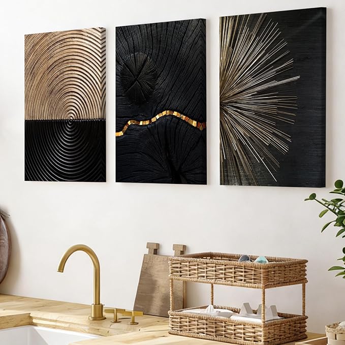 Pennimor 3Pcs Framed Retro Wood Grain Abstract Wall Art, Simple Geometric Line Wood Wall Decor, Black and Brown Modern Minimalist Artwork Printing for Bathroom Bedroom Living Room Home Office 16x24in