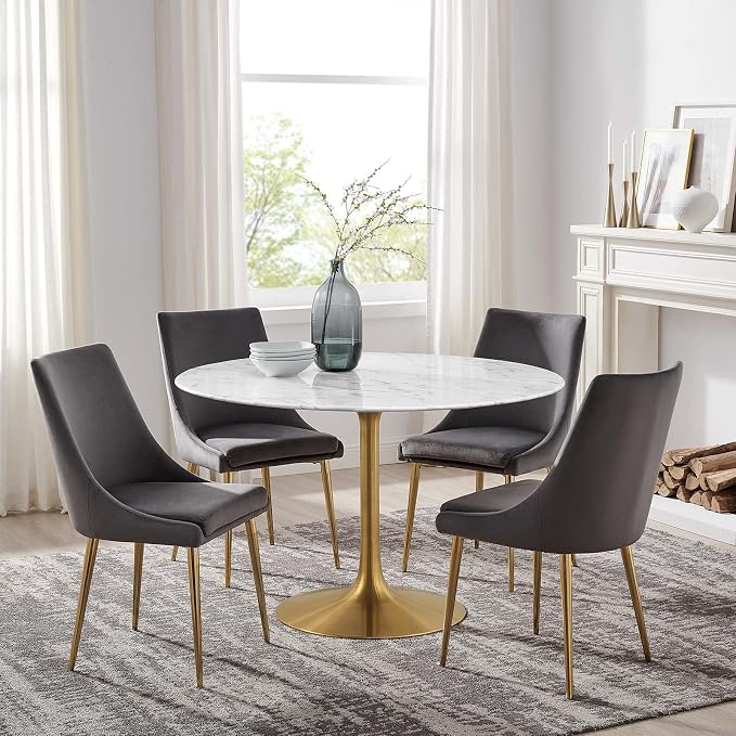 Modway Lippa 47" Mid-Century Dining Table with Round Artificial Marble Top in Gold White