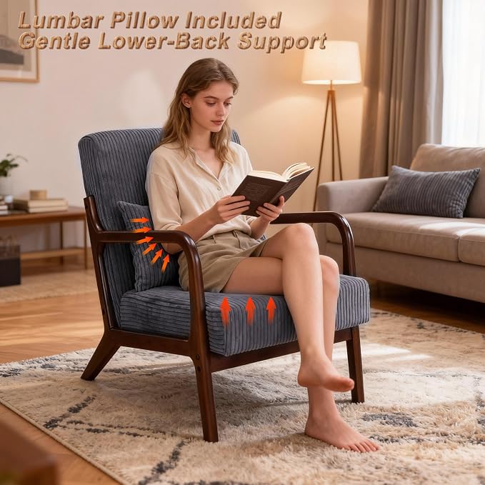 Mid Century Modern Accent Chair with Solid Rubber Wood Frame, Comfy Corduroy Reading Armchair with Lumbar Pillow, 350 LBS Heavy Duty Lounge Chair for Bedroom, Living Room & Small Spaces