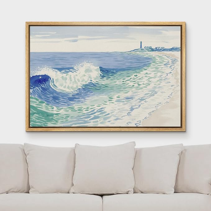 MUDECOR Framed Canvas Print Wall Art Coastal Wave Illustration with Lighthouse Nautical Illustrations Minimalism Decorative Bohemian Colorful Zen for Living Room, Bedroom, Office - 24"x36" NATURAL