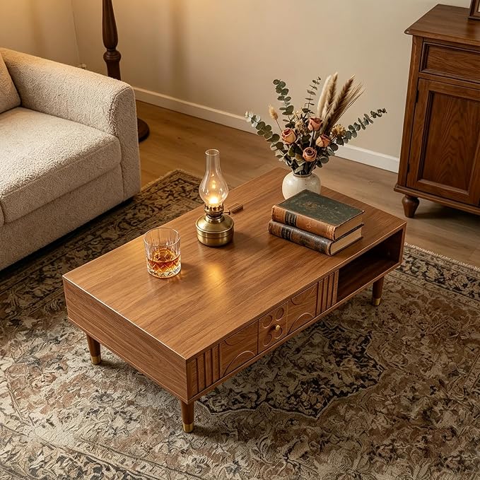 47.2" Coffee Table – Rustic Solid Wood & MDF Coffee Tables, Mid Century Modern Center Table with Tapered Legs for Living Room, Walnut