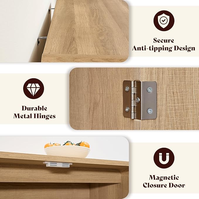AMERLIFE Fluted Buffet Cabinet with Storage, Modern Sideboard Cabinet with 2 Doors & Adjustable Shelf, Console Table & Credenza for Living Room, Dining Room & Entryway, Natural Oak