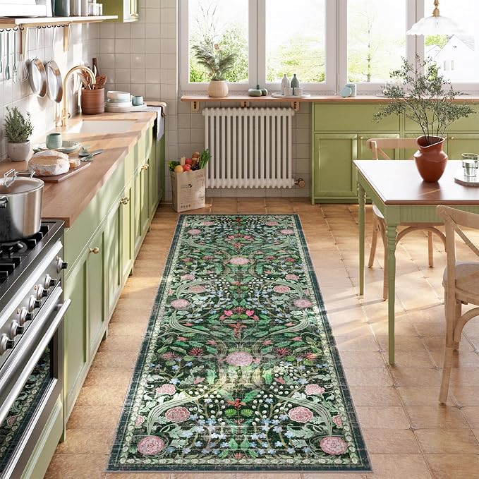 AMTOVO 2.7x8 Runner Rug for Hallway, Washable Non-Slip Long Kitchen Carpet, Floral Vintage Distressed Floor Mat for Hallways Entryway Living Room Laundry Room Bathroom Farmhouse, Dark Green