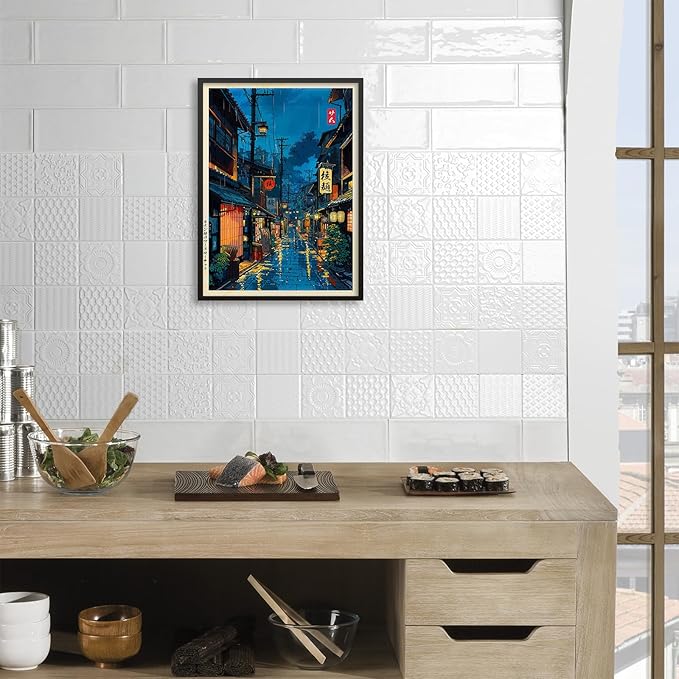 Podafu Japanese Tokyo Tea House Canvas Wall Art - Modern Ukiyo-e Decor - Black Framed - 24x16in - Landscape - Indoor - Hallway