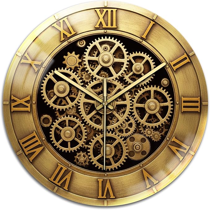peacoblue Wall Clocks Battery Operated 12 Inch 3D Gear Glass Round Wall Clock Non Ticking for Kitchen Living Room Dining Room Bedroom and Bathroom Decor Accessories (Battery not Included)