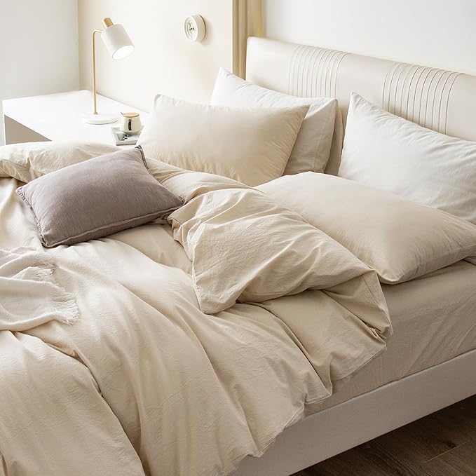 JIYUAN 100% Washed Cotton Duvet Cover Set 3 Pieces King, 1 Duvet Cover 104x90 Inches(Comforter Not Included) and 2 Pillowcases,Linen Feel Bedding Set Comfy and Breathable,Heathered Beige
