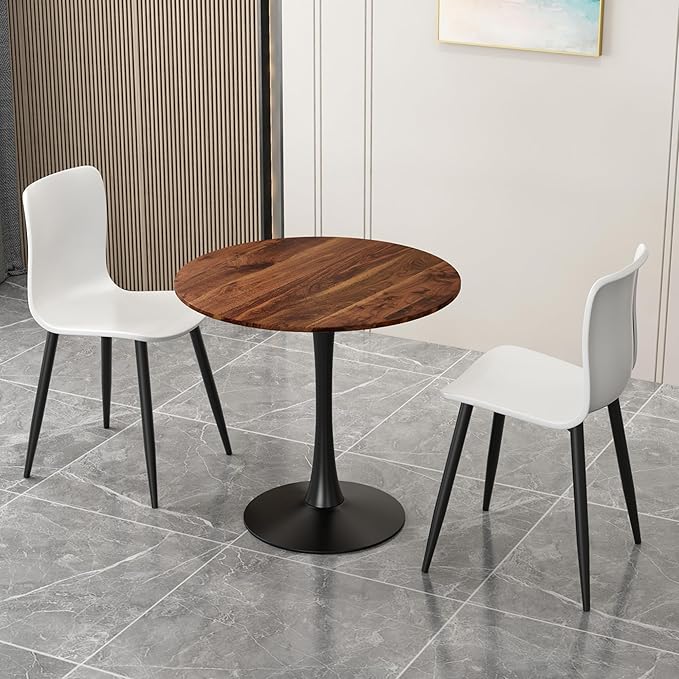 Round Dining Table,32 Inch Tulip Table with Wood Grain Top and Sturdy Metal Pedestal,Mid-Century Leisure Table for Small Space Kitchen Dining Room Living Room,20-Min Easy Assembly,Walnut