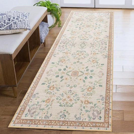 MUJOO Washable Runner Rug for Kitchen Hallways,2x6 Runner Rug Non Slip,Floral Carpet Runner for Bathroom Bedroom Laundry Floor,Long Mat Boho Indoor Vintage Low Pile Beige