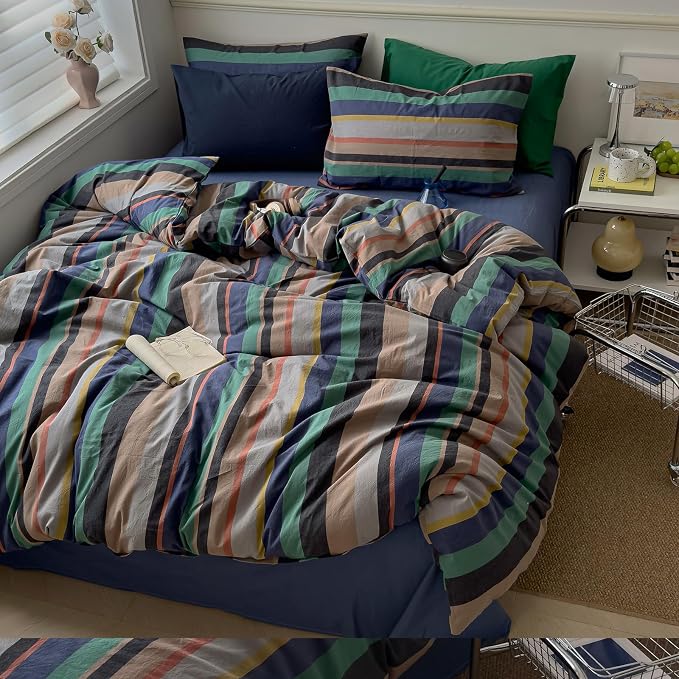 mixinni Vintage Striped Duvet Cover Queen Size 100% Washed Cotton 3 Piece Bedding Set Soft Breathable Retro Mid Century Modern Duvet Cover with Zipper Closure and Corner Ties for Boys Girls