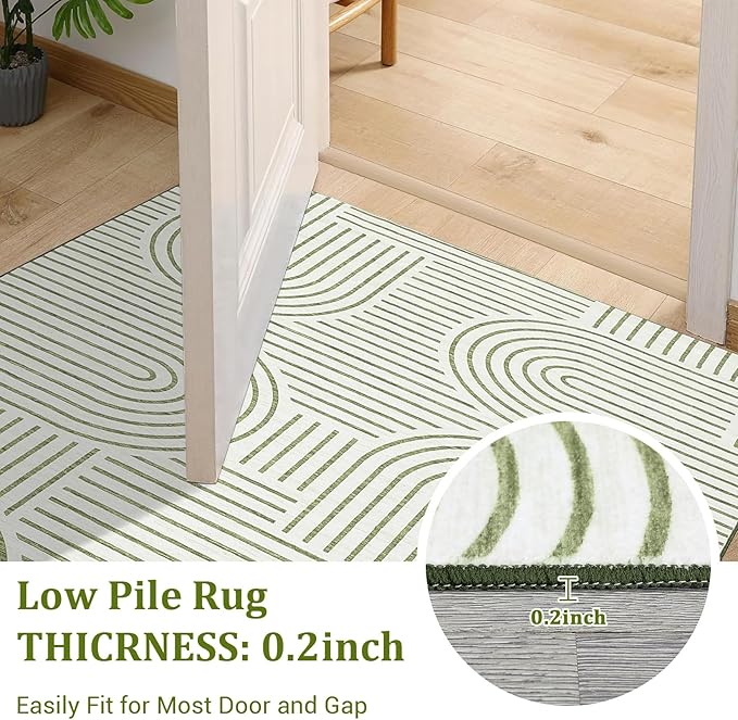 Washable Rug 9x12 Area Rugs for Living Room, Abstract Rug for Bedroom, Soft Rainbow Non Slip Throw Rugs with Rubber Back, Low Pile Stain Resistant Boho Geometric Carpet for Dining Room, Green