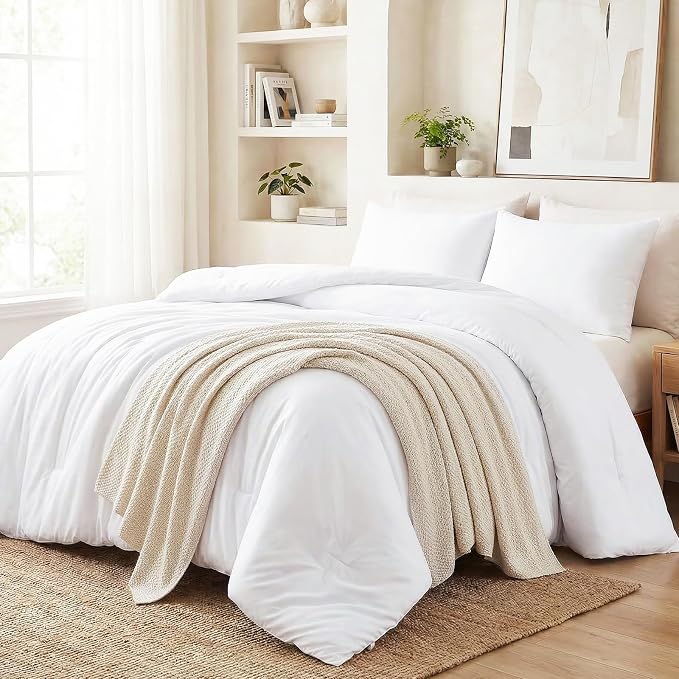 CozyLux King Size Comforter Set White, 3 Pieces Lightweight Down Alternative Quilted Bedding Sets, Gray All Season Soft Breathable Solid Comforter with 2 Pillowcases, Luxury Bed Set Gift for Home