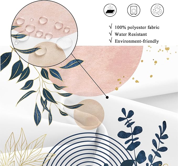Riyidecor Pink Grey Abstract Boho Modern Mid Century Shower Curtain for Bathroom Decor 72Wx72H Leaves Blue Gold Eucalyptus Plants Blush Art Printed Fabric Polyester Waterproof 12 Pack Plastic Hooks