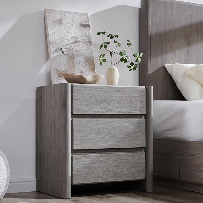 25" Tall Modern Nightstand Set of 2, 23.6" W Nightstand with Charging Station & 3 Storage Drawers & Open Shelf, Wood Night Stand w/Rounded Corner Design for Bedroom, Living Room (Light Grey)