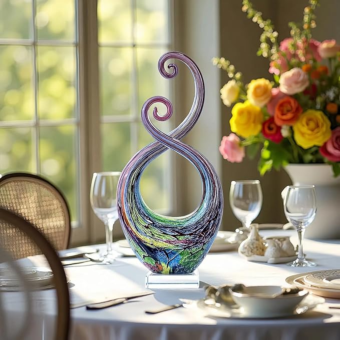 14" Hand Blown Murano Style Glass Sculpture, Abstract Colorful Art Figurine, Modern Designer Home Decor for Living Room Office Patio Garden, Unique Collectible Gift for Art Lovers