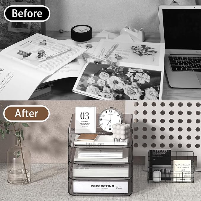 FANXIYQ 4-Tier Acrylic Paper Tray Organizer, Smoked Brown Stackable Desk File Organizer for Documents, Files, Letters, A4 Paper, Books, Notes, Mail & Paper Storage, Office Classroom Home