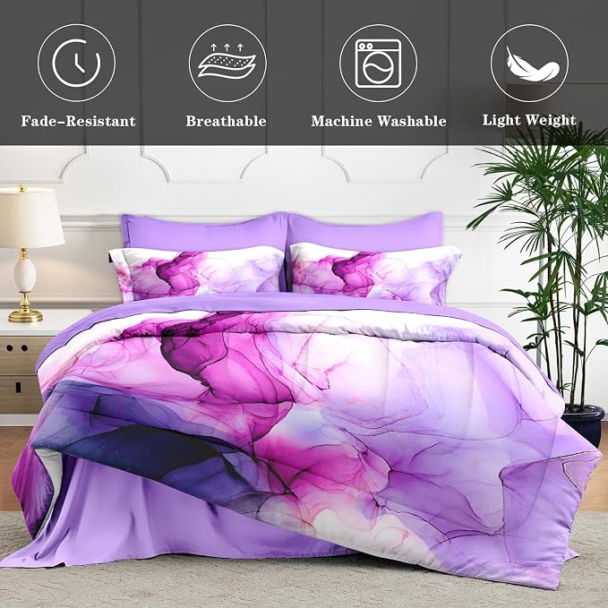 7Pcs Comforter Set Full Size, Blue Purple Lavender Marble, Bedding Decor Pink Watercolor Smoke Abstract Shapes Bedroom Bed Set Flat Sheet Fitted Sheet Pillowcases Shams for Kids Adults