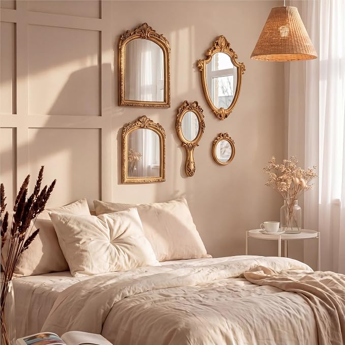 5 Pcs Vintage Gold Mirror Luxury Set Small Gold Mirrors Gallery Wall Mirror Hanging Antique Art Decor for Wall Living Room Entryway Assorted Sizes (13in/8in/7in/4in,Classic Style)