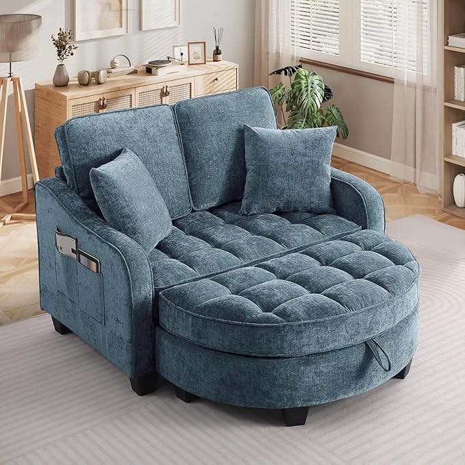 Oversized Chaise Lounge Chair Indoor with Ottoman, Chenille Tufted Comfy Loveseat Sofa Chair with Adjustable Backrest, Fluffy Recliner Sofa, Convertible Sleeper Couch Bed for Living Room(51"W, Blue)