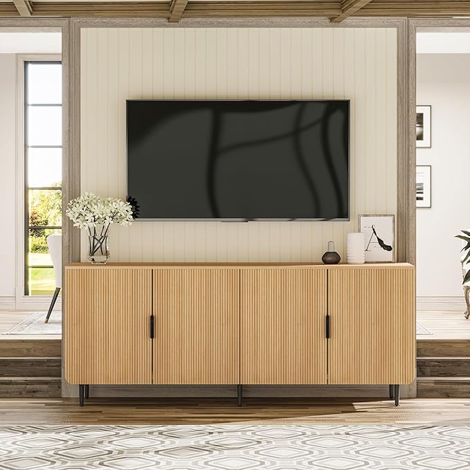 65" Fluted Sideboard Buffet Cabinet with Storage, Console Cabinet with 4 Doors & Adjustable Shelves, Modern Buffet Table for Kitchen Dining Living Room Hallway‌ Entryway, Natural