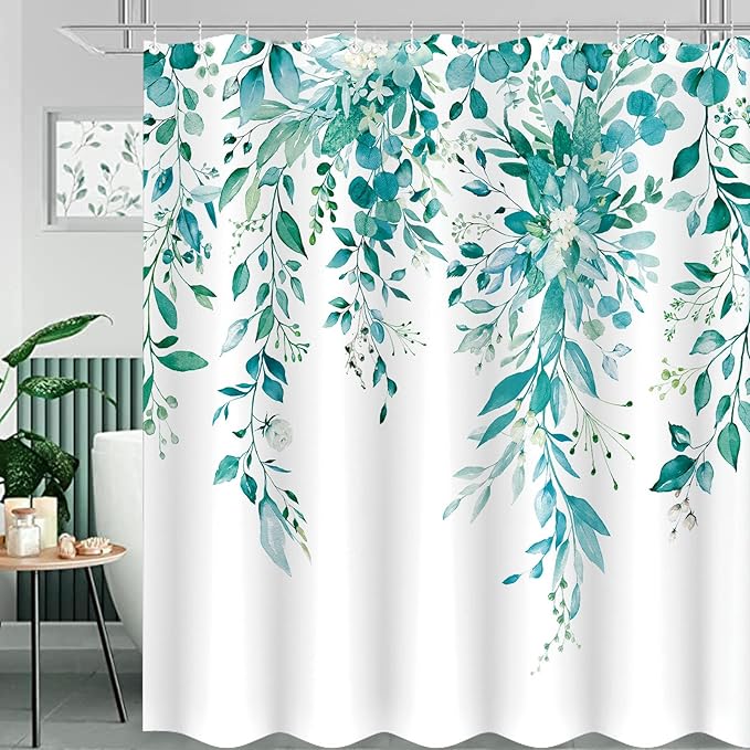 Long Teal Eucalyptus Shower Curtain Watercolor Floral Plant Leaf Shower Curtains for Bathroom Botanical Flower Waterproof Fabric Bath Curtain Decor with Hooks (Teal, 72'' x 78'')