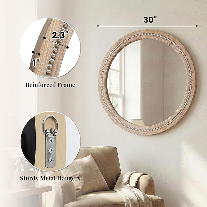 30" Round Solid Wood Mirror for Bathroom Vanity, Handcrafted Beaded Circle Wall Mirror - Natural Boho Farmhouse Decor for Entryway & Bedroom