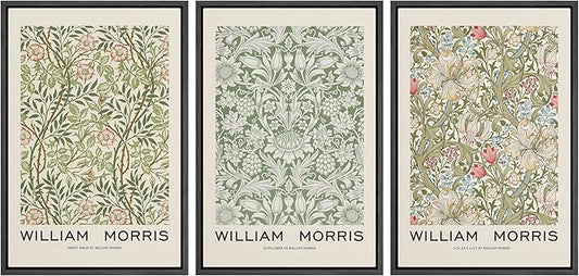wall26 Framed Canvas Print Wall Art Set William Morris Flower Pattern Tapestries Nature Floral Illustrations Fine Art Decorative Botanical Rustic for Living Room, Bedroom, Office - 24"x36"x3 Black