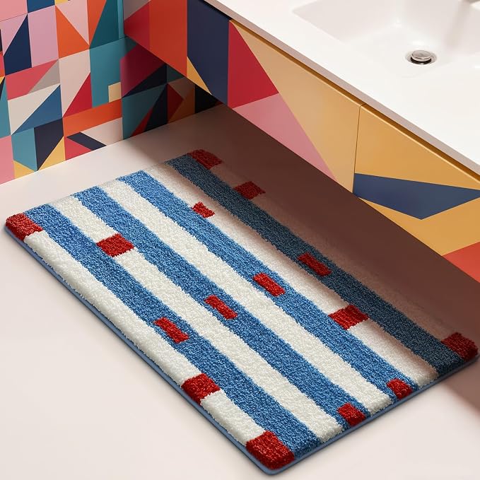 LUMI Bathroom Rugs with Blue White Stripe, Soft Absorbent Bath Mat for Modern Home Decor, Non-Slip Quick-Dry Bath Rug, Machine Washable Floor Mat for Shower and Tub, Entryway, 20"x32"