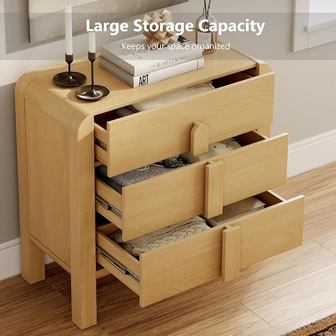 WAMPAT Sideboard Buffet Cabinet with Storage with 3 Drawers, Modern French 31.5" W Buffet Cabinet with Storage, Wood Coffee Bar Cabinets with Curved Edge Design for Kitchen Living Room, Oak